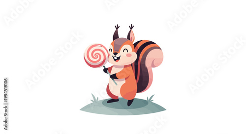 Cute cartoon squirrel holding a giant red and white swirl lollipop