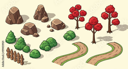 Isometric game environment assets, cartoon nature landscape elements with red trees and rocks, 2D forest map construction kit vector