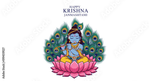 Happy Krishna Janmashtami vector of Bal Krishna playing flute on lotus