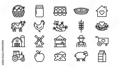 Farm and agriculture icons vector illustration food production country living agriculture livestock vegetables windmill wheelbarrow countryside