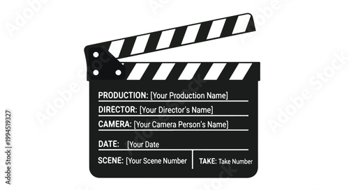 Professional movie clapperboard vector illustration, black film slate with production details, cinema industry equipment for video recording and filmmaking