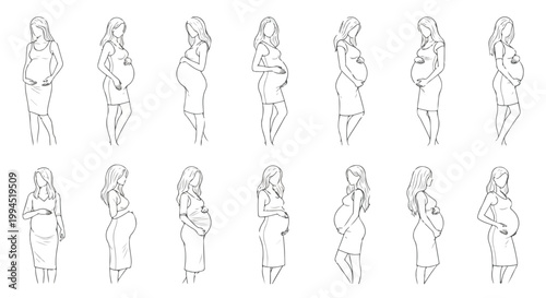 Minimalist line art pregnant woman collection, 14 black and white maternity sketches, elegant pregnancy silhouette vector set for motherhood branding
