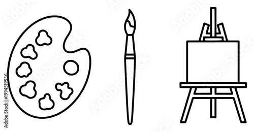 Artist tools including paint palette brush and easel in minimalist line art style