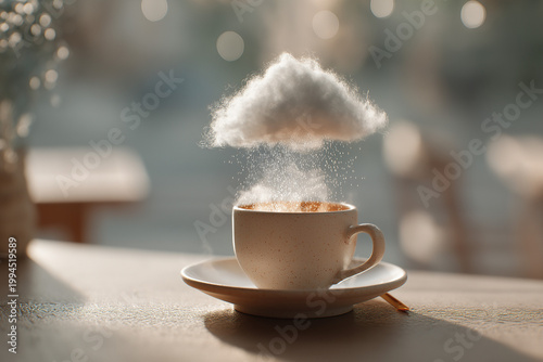White Coffee Cup with Tiny Raincloud Pouring Rain Above It – Whimsical Monday Morning Mood Concept

