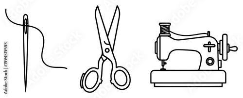 Sewing tools including sewing machine scissors and needle with thread in minimalist line art style