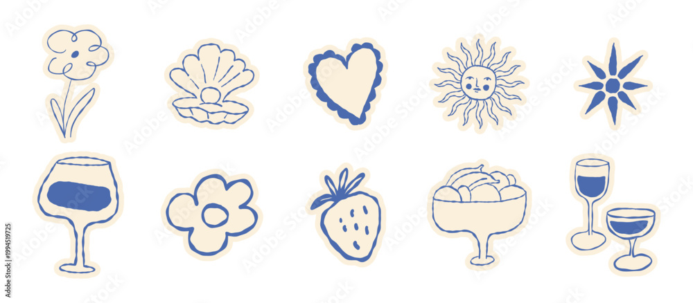 Obraz premium Vector hand drawn sketch doodle illustrations in naive art style, summer sea and beach vacation theme, stickers and drawing for tropical coastal prints, posters and banners, seashell, sun, wine glass