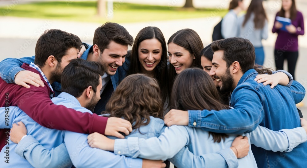 Fototapeta premium Diverse Group of Young Adults Smiling Together in Outdoor Circle During Daytime Team Building Activity