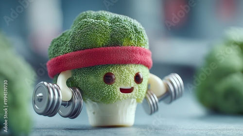 Broccoli Floret with Sweatband Lifting Dumbbells at Gym – Whimsical Healthy Eating Fitness Concept


