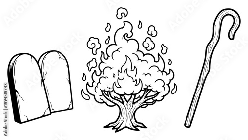 Ten commandments stone tablets burning bush and shepherd staff in clean biblical line art style