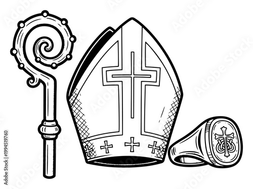 Bishop mitre crosier and episcopal ring symbols in vintage engraving style