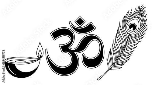 Hindu om symbol with diya lamp and peacock feather in graphic engraving style