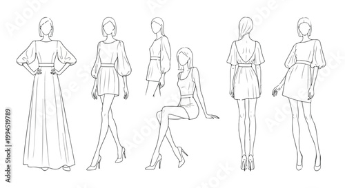 Fashion croquis collection of female models, hand-drawn garment sketches for apparel design, vector set of 6 poses for dress illustration