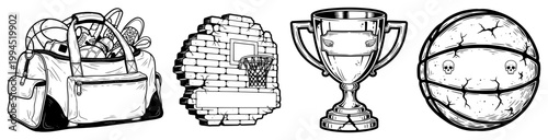 Basketball equipment collection with sports bag trophy and ball in hand drawn sketch style