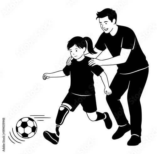 Girl with prosthetic leg playing soccer with her father in minimalist line art style