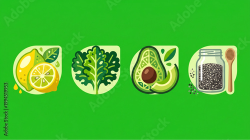 Modern Stylized Healthy Food Graphic Icons on Green Background