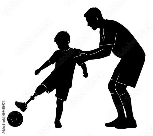 Child with prosthetic leg playing soccer with coach in minimalist silhouette vector style