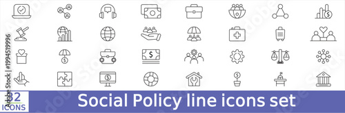   Social Policy line icons set with editable stroke. Containing legislation, social services, welfare, government, health care, education, society and more. Vector