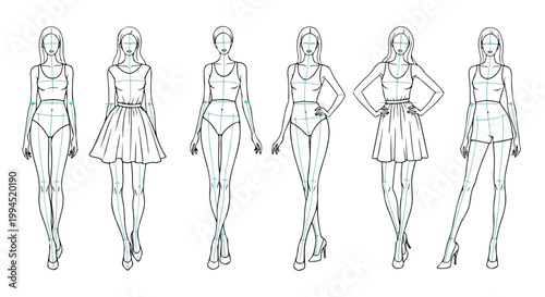 Fashion croquis female figure templates, set of 6 professional runway model poses, black and white line art vector for apparel design and sketching