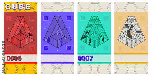 A series of colorful cube illustrations with geometric patterns and numbers