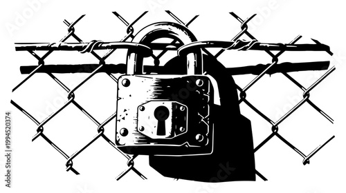 Heavy padlock on chain link fence in detailed industrial ink sketch style
