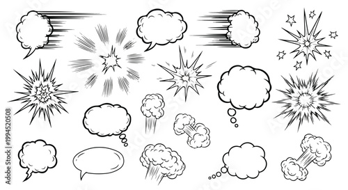 Comic book speech bubbles and explosion effects set, vintage pop art cloud bubbles, black and white hand drawn action elements for manga