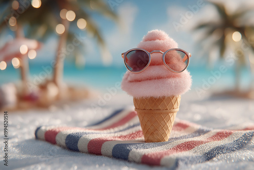 Pink Ice Cream Cone Sunbathing on Beach Towel with Tiny Sunglasses – Whimsical Summer Vacation Concept

