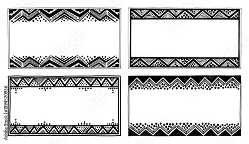 Rectangular frames set with geometric ethnic patterns in hand drawn ink style