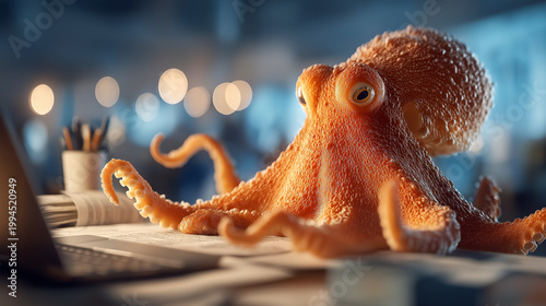Orange Octopus Multitasking at Office Desk with Eight Tentacles – Whimsical Multitasking Business Concept

