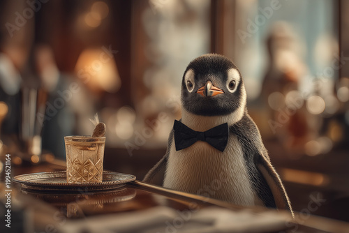 Emperor Penguin in Bow Tie Serving Fish Cocktail at Fine Dining Restaurant – Whimsical Animal Waiter Concept

