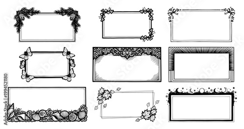 Decorative rectangular frames set with nature floral and seasonal motifs in hand drawn ink style