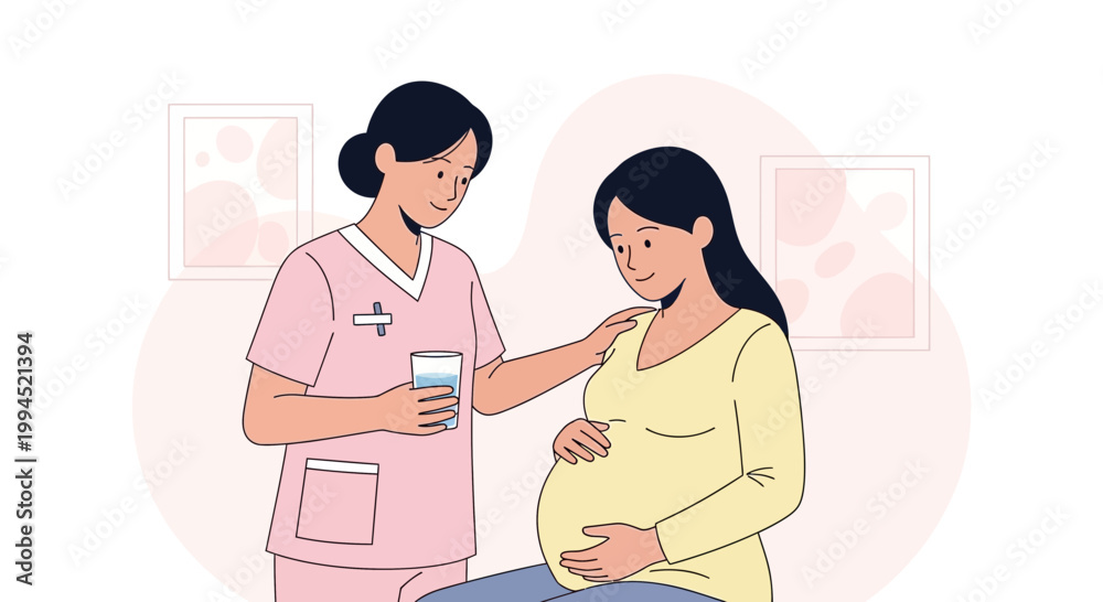 Obraz premium Nurse comforting pregnant woman, offering water, healthcare support during pregnancy