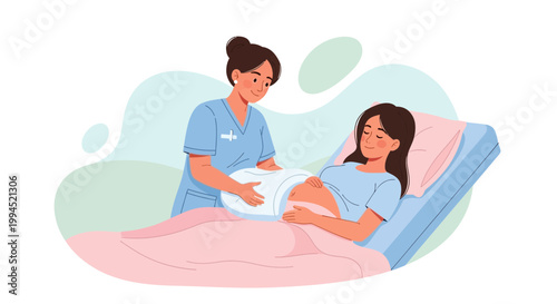 Nurse checks pregnant woman's belly in hospital bed, healthcare concept
