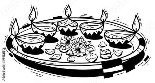 Diya oil lamps with flowers on ceremonial tray in traditional hand drawn line art style