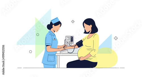 Nurse checks pregnant woman's blood pressure during prenatal checkup, healthcare concept