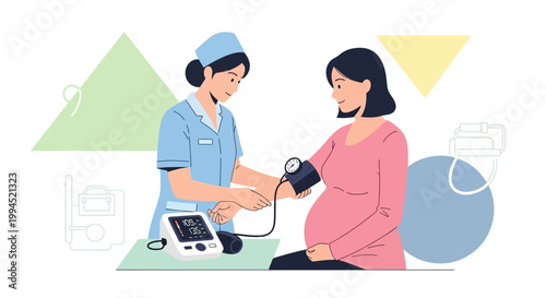 Nurse checks pregnant woman's blood pressure, healthcare, pregnancy checkup, medical exam
