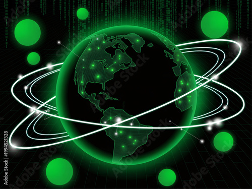 A digital illustration of a green globe surrounded by glowing lines and dots on a black background