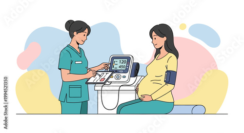 Nurse checks pregnant woman's blood pressure with monitor during prenatal checkup