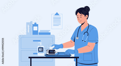 Nurse cleaning medical equipment with disinfectant in clinic, healthcare concept