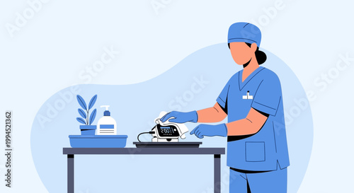 Nurse cleaning medical equipment with disinfectant wipe, healthcare hygiene concept