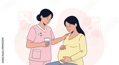 Nurse comforting pregnant woman, offering water, healthcare support during pregnancy