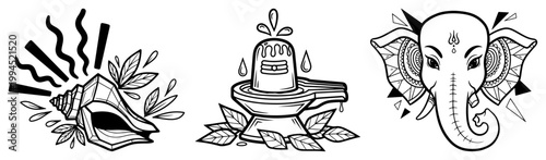 Hindu symbols set featuring Lord Ganesha Shiva Lingam and sacred conch shell in hand drawn line art style