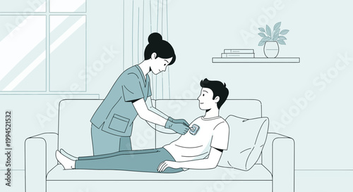 Nurse examining patient with stethoscope at home, healthcare concept