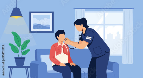 Nurse examining patient's lungs with stethoscope, home healthcare concept
