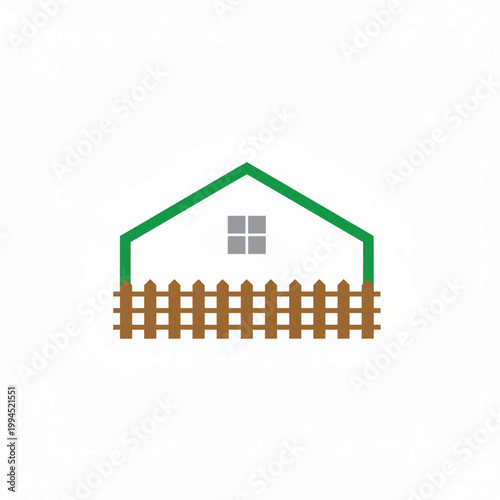 House fence icon with green roof and brown picket gate, simple flat handmade style design featuring home, cottage, courtyard with property and