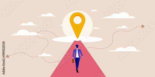 A businesswoman walks towards a location pin on a vibrant red path