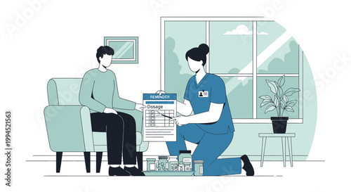 Nurse explaining treatment plan to patient at home, medical care concept