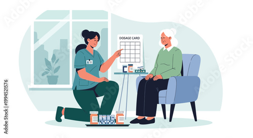 Nurse explains medication schedule to elderly woman, showing dosage card and pills