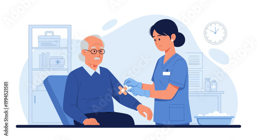 Nurse giving injection to elderly man in clinic, healthcare concept