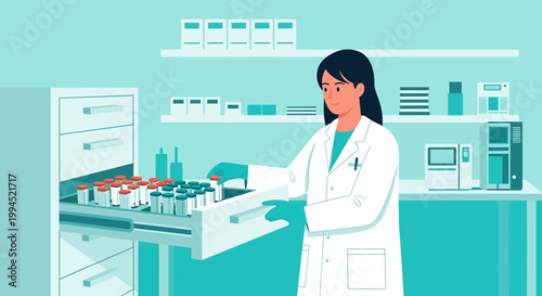 Scientist organizing samples in a laboratory drawer, research and development concept