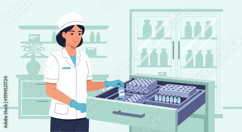 Scientist organizing samples in a laboratory freezer drawer, medical research concept